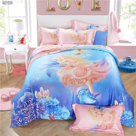 Elegant Girls Ocean Blue and Coral Pink Angel and Dolphin Print Undersea World 100% Tencel Full, Queen Size Bedding Sets