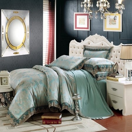 Cadet Blue and Grey Palmette Pattern Abstract Design Sexy Lace Design Old Fashion Sequin Jacquard Satin Full, Queen Size Bedding Sets