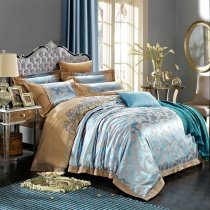 Steel Blue and Camel Scroll Pattern Shabby Chic Sparkle Abstract Design Upscale Jacquard Satin Fabric Full, Queen Size Bedding Sets