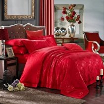 Lava Red Yorkshire Rose Design Sequin Stylish Romantic Feminine Feel Jacquard Satin Fabric Full, Queen Size Bedding Sets