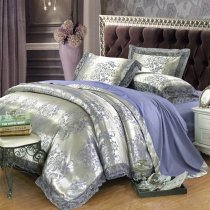 Silver and Sapphire Blue Rococo Pattern Classic Style Royal Themed Sequin Jacquard Satin Full, Queen Size Bedding Sets