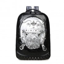 Punk Metallic Silver Black Leather Masculine Men Large Travel Laptop Backpack Embossed Dog Spikes Rivet Studded School Campus Book Bag