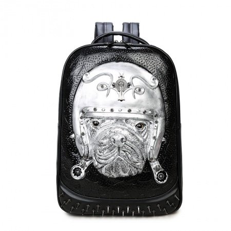 Punk Metallic Silver Black Leather Masculine Men Large Travel Laptop Backpack Embossed Dog Spikes Rivet Studded School Campus Book Bag
