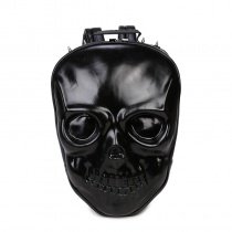 Black Patent Leather Spike Rivet Studded Masculine Travel Backpack Punk Rock and Roll Style Embossed Skull-shaped Boys School Book Bag