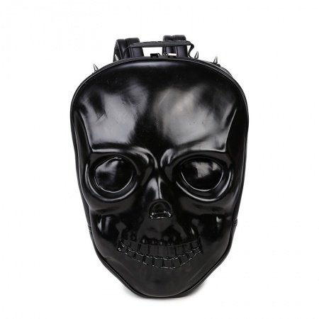 Black Patent Leather Spike Rivet Studded Masculine Travel Backpack Punk Rock and Roll Style Embossed Skull-shaped Boys School Book Bag