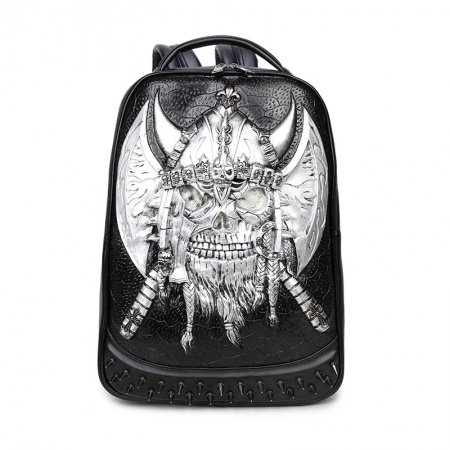 Black Leather Embossed Metallic Silver Pirate Skull Boys School Book Bag Punk Rock and Roll Style Spike Rivet Studded Travel Backpack