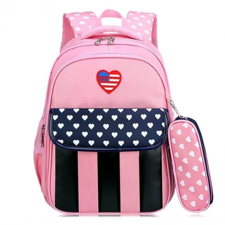 Black White and Blush Pink Nylon Elegant Girly Girls Flap School Backpack Personalized Heart Rugby Stripe Print Preppy Campus Book Bag