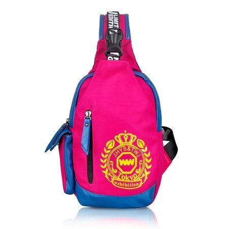 Hot Pink Nylon with Blue Leather Girls Crossbody Shoulder Chest Bag Unique Medallion Crown Monogrammed Print Sling Travel Backpack