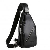 Black Distressed Patent Leather Men Crossbody Shoulder Chest Bag Vintage Sewing Pattern Anti Theft Travel Hiking Cycling Sling Backpack