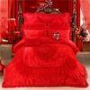 Sequin Red Embroidered Rose Heart Vintage Shabby Chic Victorian Lace Ruffle Wedding Luxury Jacquard Satin Full, Queen Size Bedding Sets