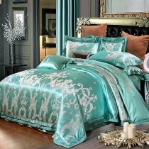 Luxury Turquoise and Silver Crown and Scroll Pattern Victorian Style Western Style Jacquard Satin Full, Queen Size Bedding Sets