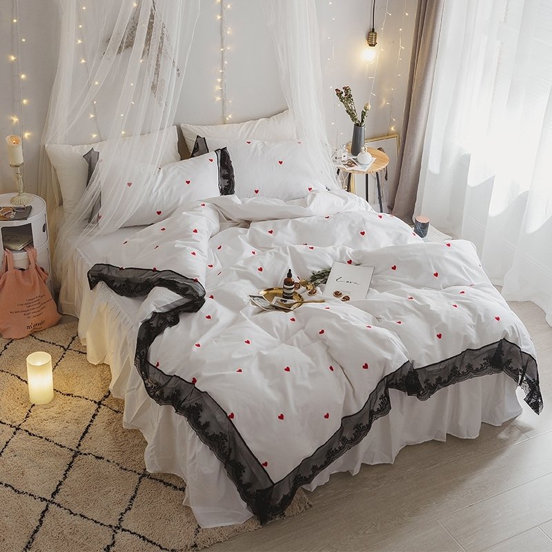 Elegant Girls Black White and Red Love Heart Print Vintage Lace Design Romantic Feminine Feel