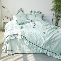 Light Green Teal and Pink Monogrammed Cactus Leaf Flamingo Print Animal Themed Tropical Fun Full, Queen Size Bedding Sets