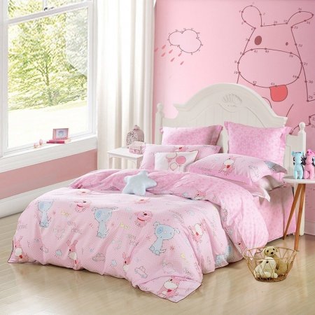 Light Pink White and Aqua Blue Dog Cat Bird Duck Car Monogrammed Gingham Plaid Print Animal Themed Girls Twin, Full, Queen Size Bedding Sets