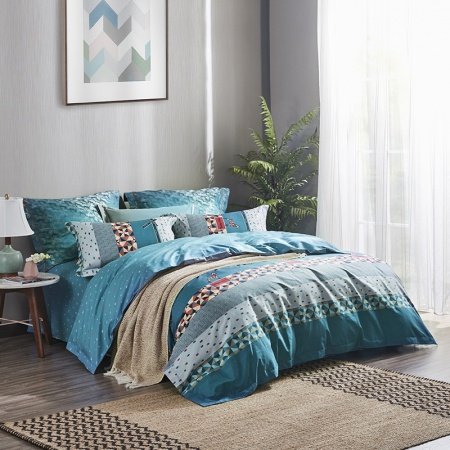 Peacock Blue Beige Gray Red Yellow and Orange Geometric Pixelated and Stripe Print Gypsy Themed Twin, Full, Queen Size Bedding Sets