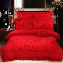 Solid Red Flower Print Ruffle and Victorian Lace Romantic Shabby Chic Full, Queen Size Bedding Sets