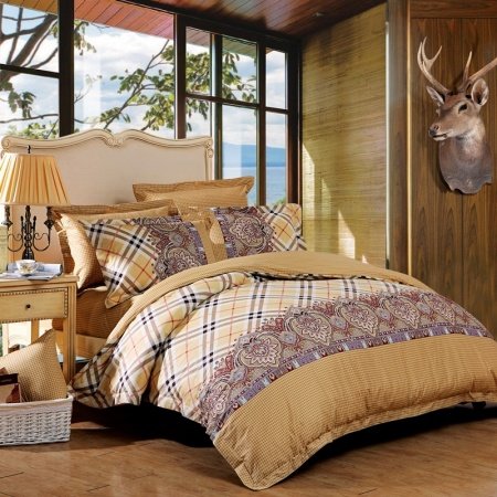 Brown Yellow and Black Moroccan Pattern Glam Bohemian Style Vintage Look Full, Queen Size Bedding Sets