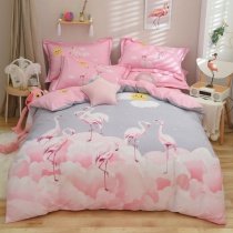 Pink White and Gray Cute Flamingo Print Elegant Pastel Style Girls Full, Queen Size Bedding Sets