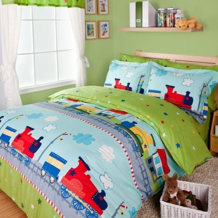 Green Blue and Red Cartoon Train Colorful Cute Happy Holiday Personalized Girls and Boys 100% Cotton Twin, Full Size Bedding Sets
