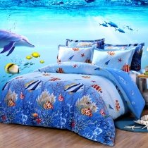 Ocean Blue and Colorful Marine Life Scene Tropical Hawaiian Fish and Starfish Print Kids Twin, Full Size Bedding Sets