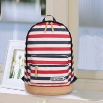 Dark Blue White and Red Horizontal Multi-stripe Print Korean Preppy Style Zipper Polyester Kids Satchel Backpack School Bag for Girls, Boys