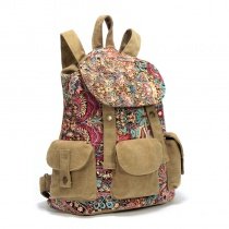 Khaki Brown Turquoise and Red Vintage Western Style Bohemian Bauhinia Print Casual Drawstring Canvas Satchel Backpack Take Cover Travel Bag