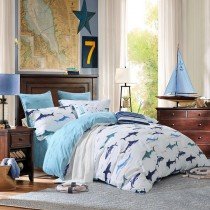 Navy Blue and White Marine Animal Sharks Print Abstract Design Cool Personalized Teen Boys 100% Cotton Damask Full, Queen Size Bedding Sets