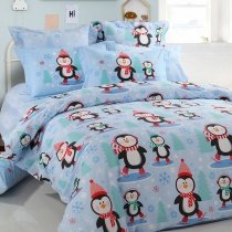 Light Blue Red Black and White Penguin and Snowflake Print Cartoon Animal 100% Cotton Twin, Full, Queen Size Bedding Sets for Kids