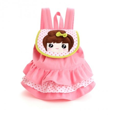 Durable Pink Cotton White Brown Girl face Polka Dot Book Bag Princess Dress-shaped Ruffle Sewing Pattern Flap School Backpack