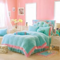 Girls Turquoise and Pink Modern Chic Feminine Feel Elegant Lace Edge Princess Style Flannel Twin, Full, Queen Size Bedding Sets
