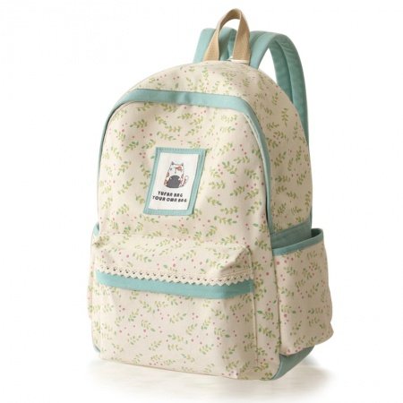 High Fashion Beige Canvas with Green Trim Lace Junior Preppy School Book Bag Stylish Hawaiian Leaf Sewing Pattern Laptop Backpack