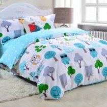 Kids Aqua Blue Green Grey and White Retro Night Owl Print Cute Style Reversible 100% Cotton Twin, Full Size Bedding Sets