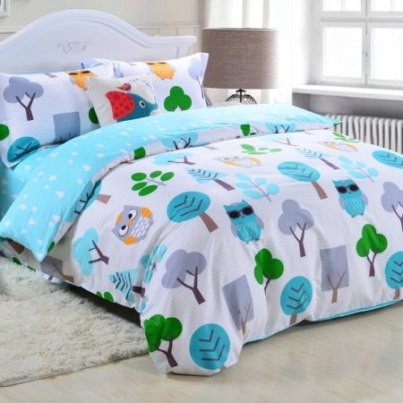 Kids Aqua Blue Green Grey and White Retro Night Owl Print Cute Style Reversible 100% Cotton Twin, Full Size Bedding Sets