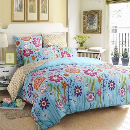 Sky Blue Orange Purple and Lime Natural Flower Print Tropical Rustic Style 100% Organic Cotton Full, Queen Size Bedding Sets