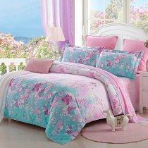 Tiffany Blue and Pink Beautiful Flower Garden Spring Country Chic Natural 100% Cotton Full, Queen Size Bedding Sets