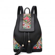 Bohemian Style Black Nylon Tassel Girls Travel Flap Drawstring Backpack Vintage Folklore Embroidered Flower School Campus Book Bag