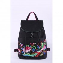 Bohemian Black Canvas Girls Casual Travel Flap Drawstring Backpack Gorgeous Peacock and Floral Embroidered School Campus Book Bag