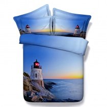 Brown Ocean Blue and Sunset Orange Lighthouse Print Coastal Life 3D Design Microfiber Fabric Twin, Full, Queen, King Size Bedding Sets