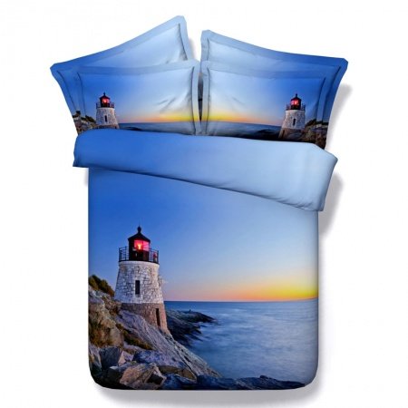 Brown Ocean Blue and Sunset Orange Lighthouse Print Coastal Life 3D Design Microfiber Fabric Twin, Full, Queen, King Size Bedding Sets