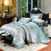 Baby Blue and Grey Abstract Scroll Pattern Retro Lace Design Shabby Chic Glitter Jacquard Fabric Full, Queen Size Bedding Sets