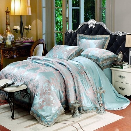 Baby Blue and Grey Abstract Scroll Pattern Retro Lace Design Shabby Chic Glitter Jacquard Fabric Full, Queen Size Bedding Sets