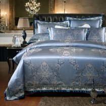 Dusty Blue and Silver Medieval Pattern Classic Inspired Abstract Design Western Style Sparkle Jacquard Satin Full, Queen Size Bedding Sets
