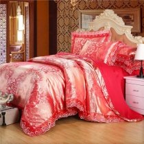 Watermelon Red and Gold Antique Rose Pattern Victorian Lace Design Luxury Jacquard Satin Full, Queen Size Bedding Sets for Girls