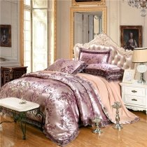 Purple Silver and Tan Victorian Lace Design Vector Flower Sequin Design Luxurious Jacquard Satin Full, Queen Size Bedding Sets
