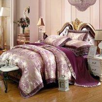 Plum Purple and Silver Flower Pattern Victorian Lace Design Elegant Girls Sequin Fabric Jacquard Satin Full, Queen Size Bedding Sets