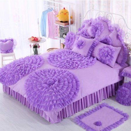 Violet Princess Style Victorian Lace Design Ruffled Design Elegant Girls High Fashion 100% Cotton Twin, Full, Queen Size Bedding Sets