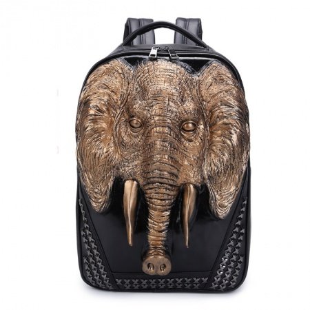 Vintage Black Patent Embossed Metallic Gold Elephant Boys School Book Bag Punk Rock and Roll Style Rivet Studded Large Travel Backpack