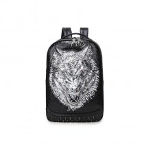 Vintage Black Leather Embossed Metallic Silver Wolf Head Large Travel Backpack Punk Rock and Roll Spike Rivet Studded School Book Bag