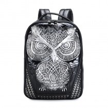 Personalized Black Patent Embossed Metallic Silver Owl Men Travel Backpack Punk Rock and Roll Rivet Studded School Campus Book Bag