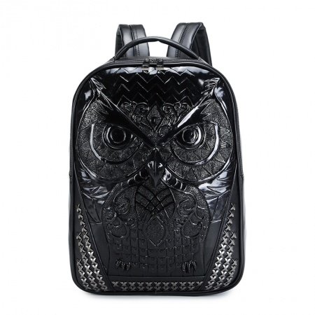 Unusual Black Distressed Leather Embossed Owl Boys School Book Bag Punk Rock and Roll Style Rivet Studded Hiking Travel Laptop Backpack